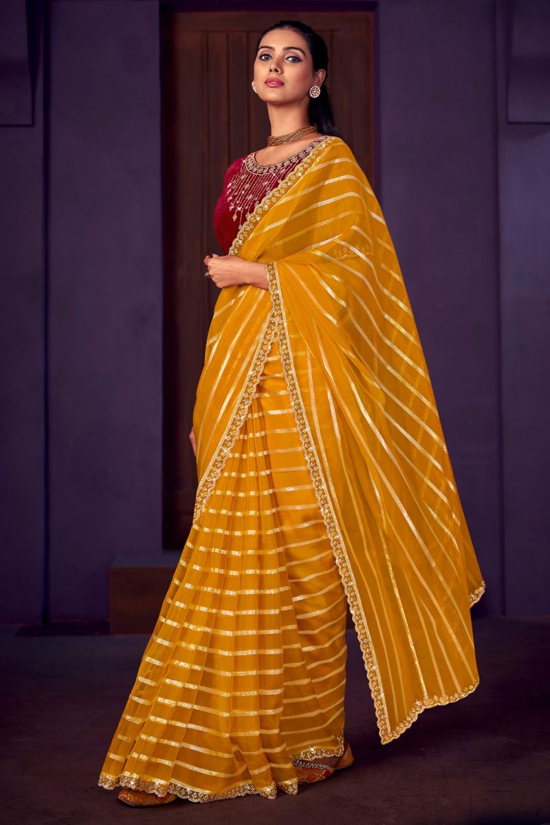 Mustard Color Stone Work Organza Fabric Saree