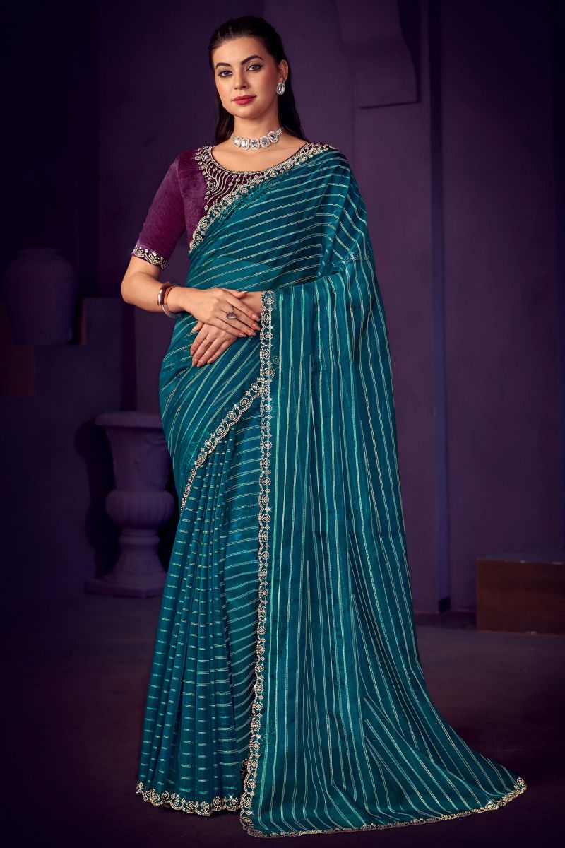 Organza Fabric Stone Work Teal Color Designer Saree