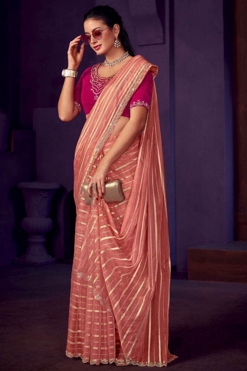 Peach Color Designer Stone Work Organza Fabric Saree