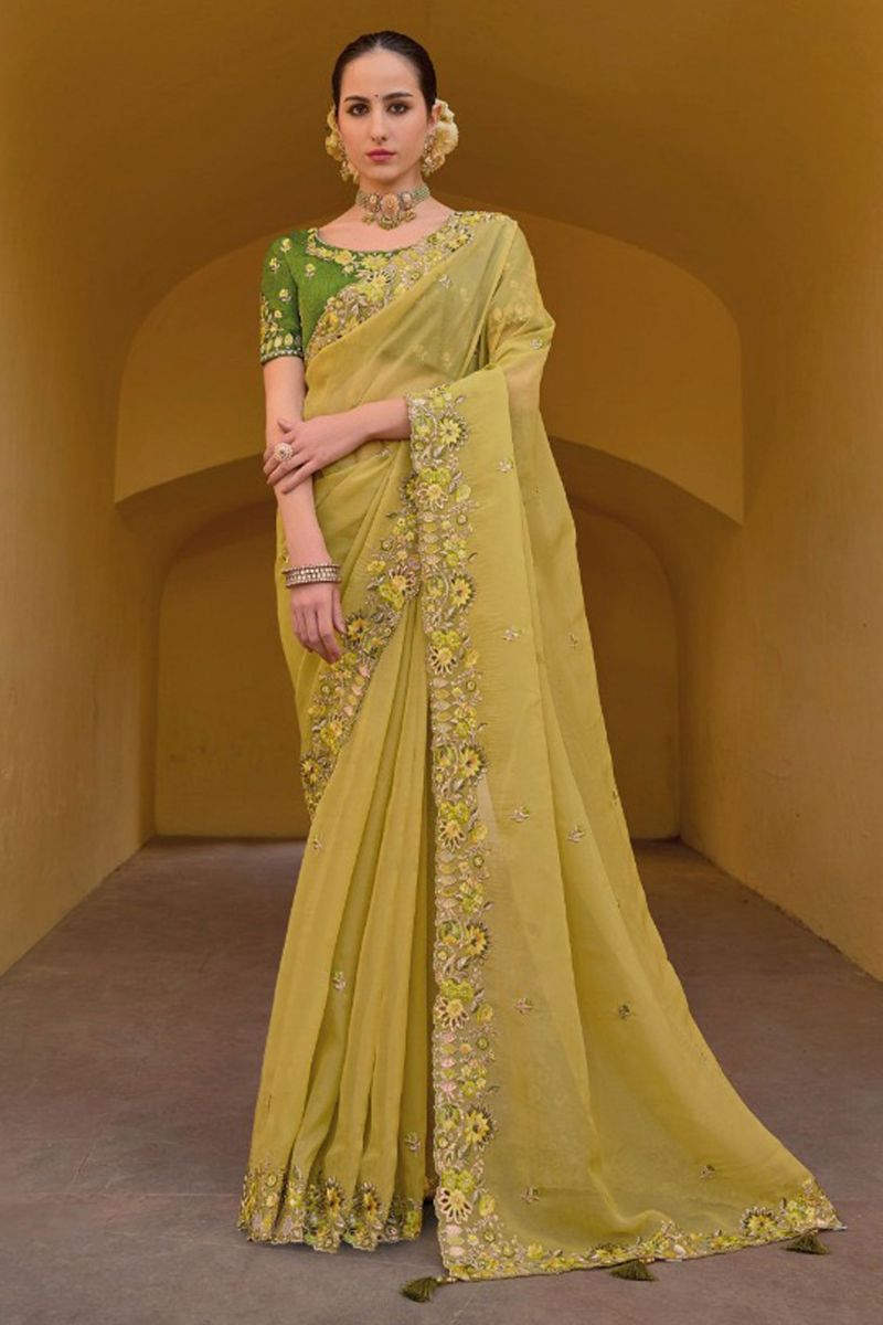 Border Work On Organza Silk Green Saree