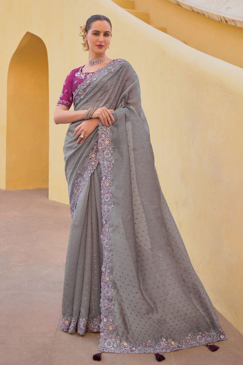 Organza Silk Grey Saree With Border Work