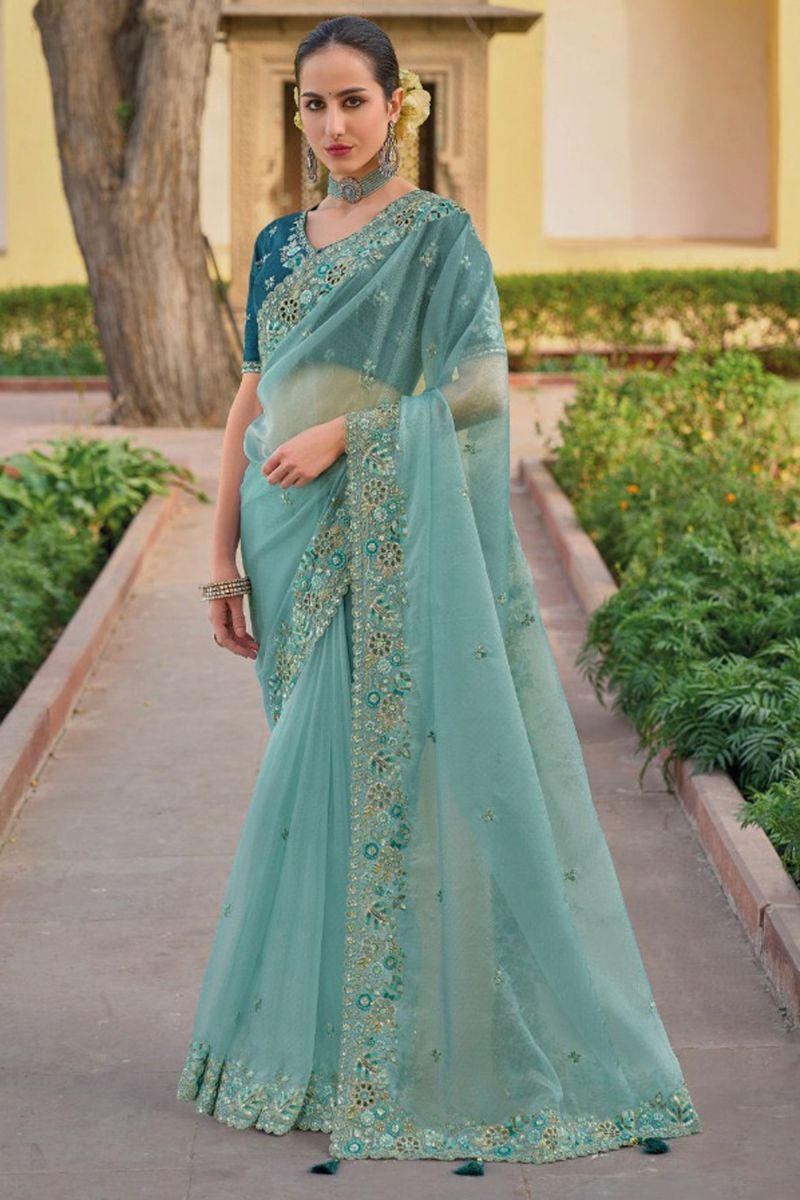 Light Cyan Organza Silk Saree With Border Work