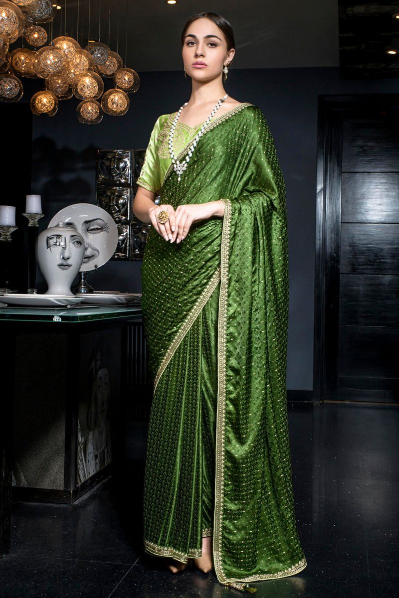 Olive Silk Saree With Embroidered Work