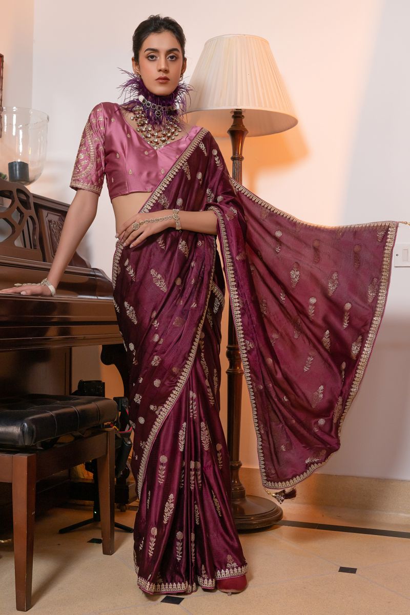 Embroidered Work On Silk Wine Color Saree