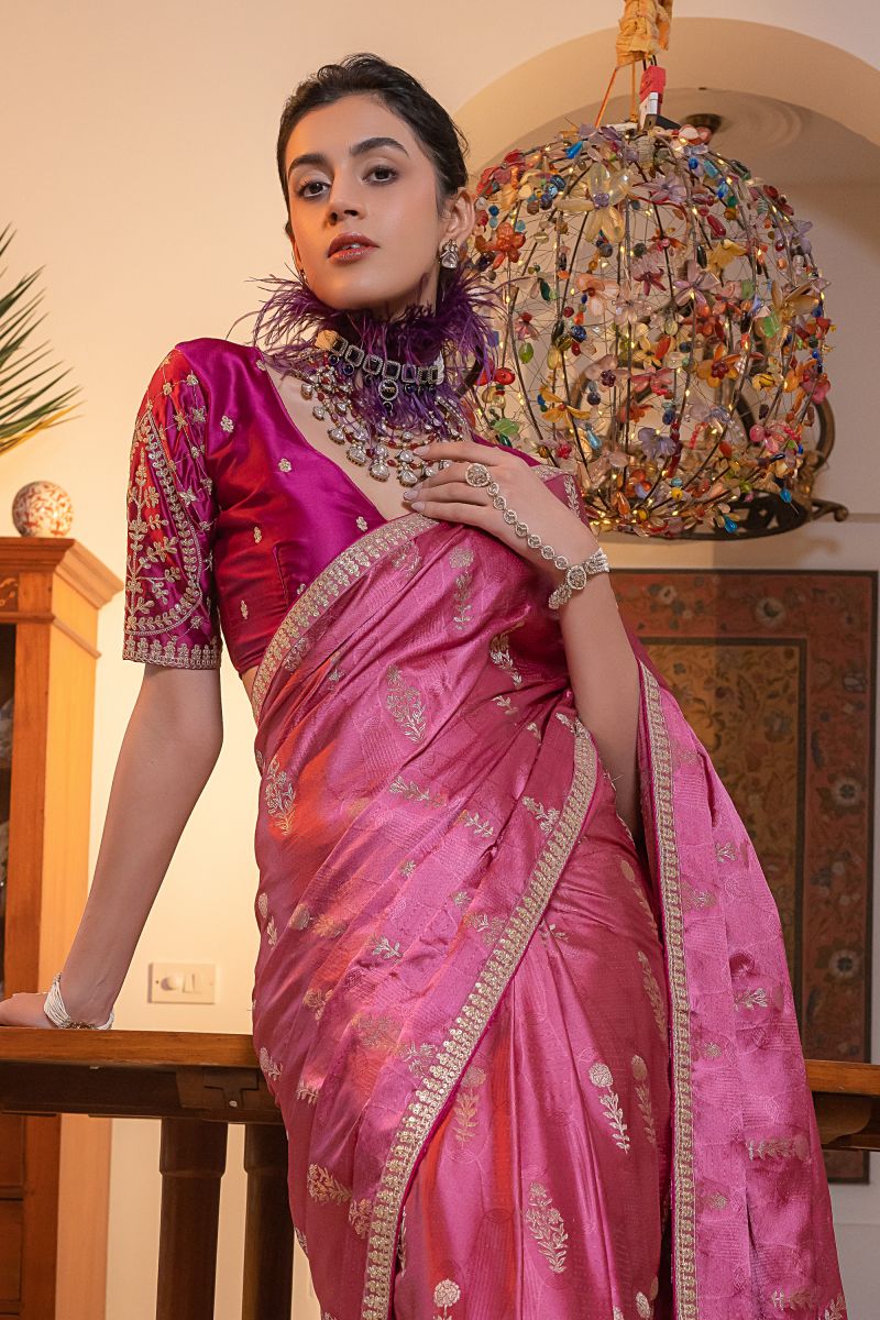 Silk Pink Color Saree With Embroidered Work