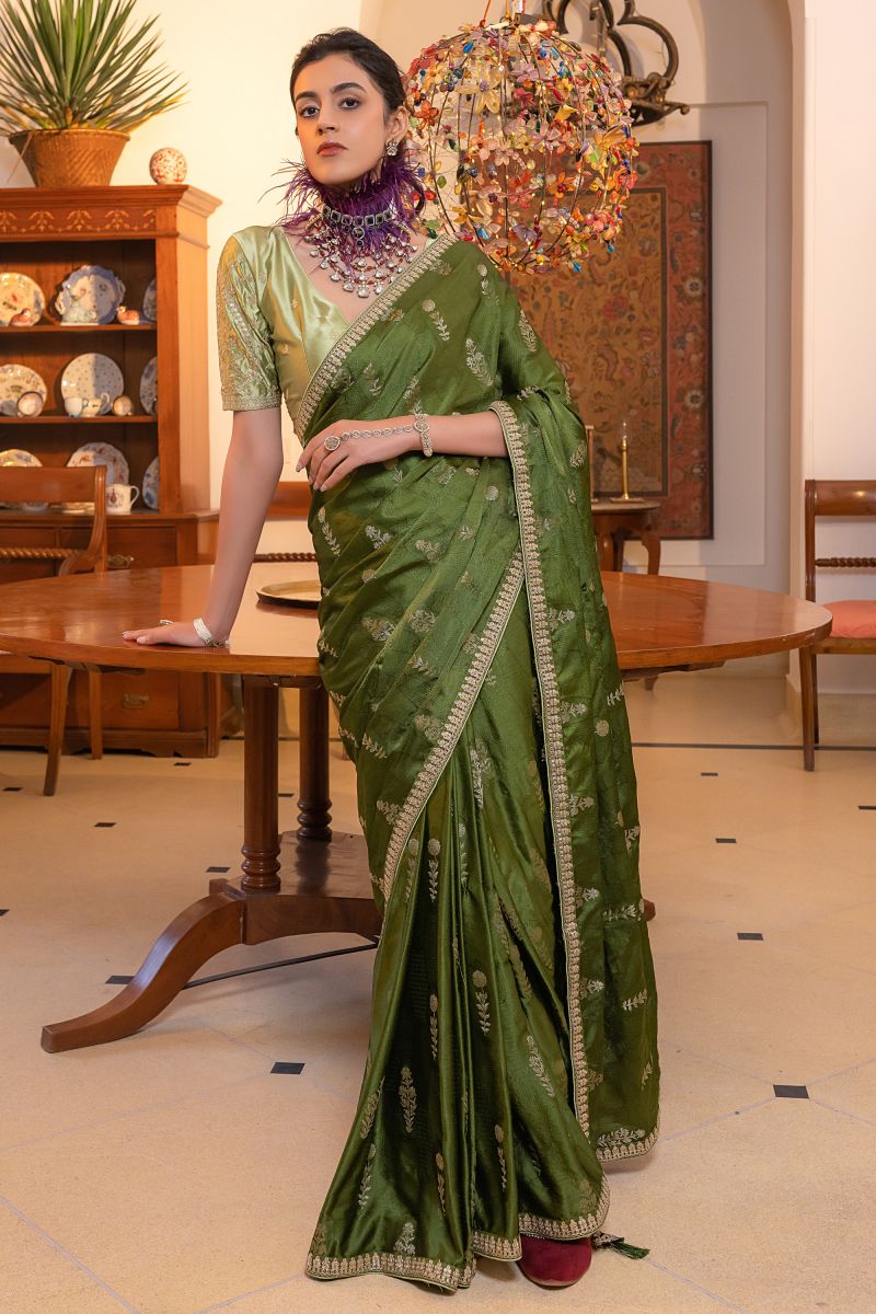 Embroidered Work On Green Color Silk Saree