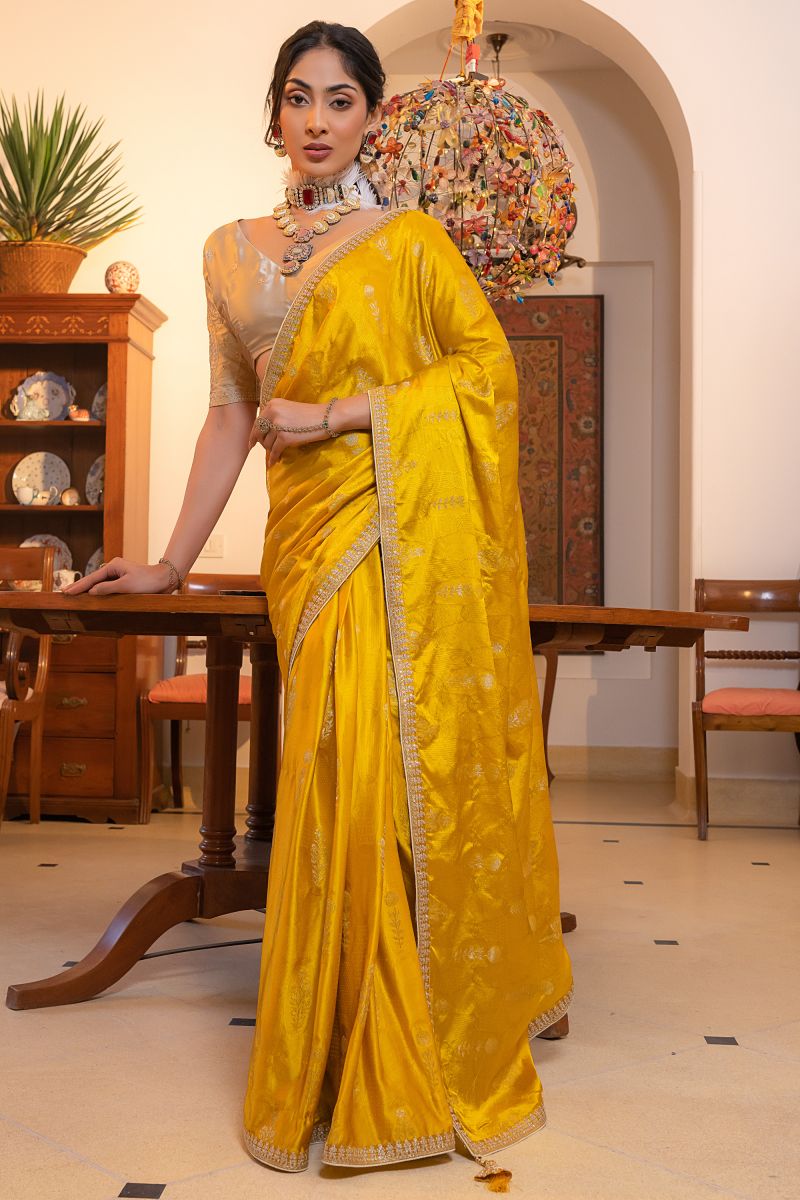 Embroidered Work On Silk Yellow Color Gorgeous Saree