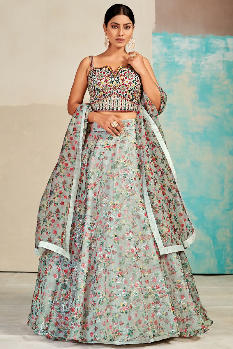 Grey Organza Fabric Elegant Digital Printed Readymade Lehenga