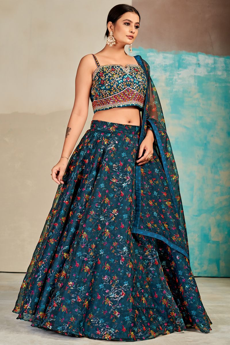 Teal Color Digital Printed Readymade Lehenga In Organza Fabric