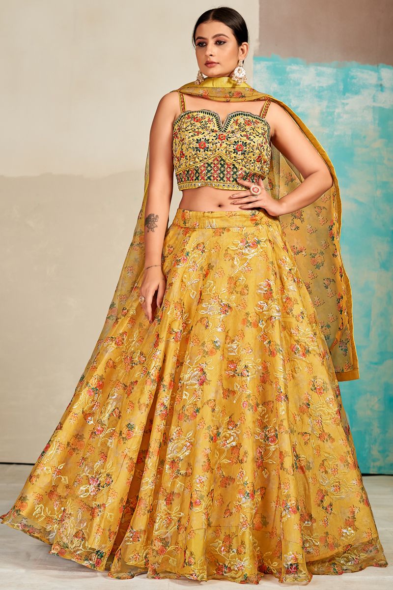 Stunning Mustard Color Organza Digital Printed Readymade Lehenga