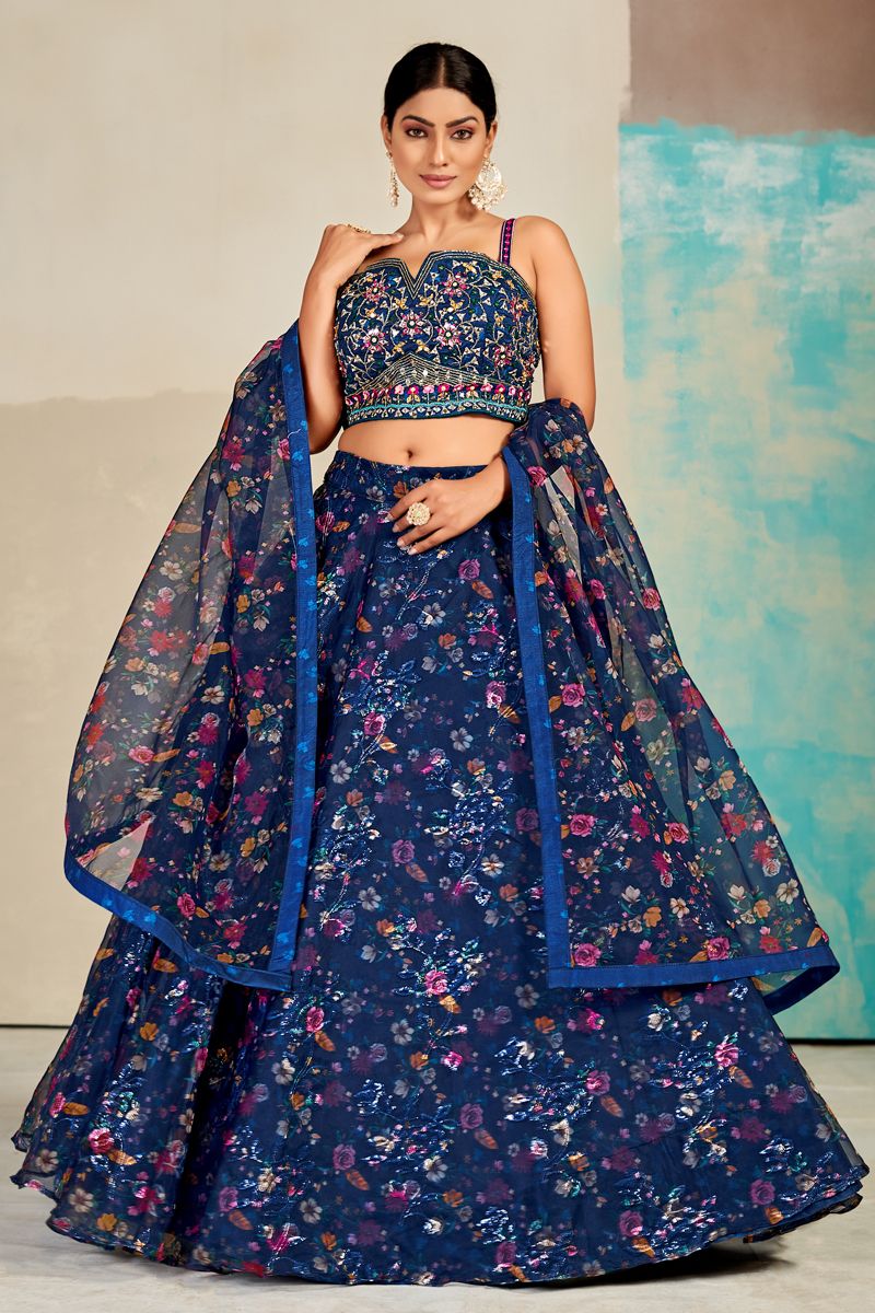 Navy Blue Organza Fabric Digital Printed Readymade Lehenga