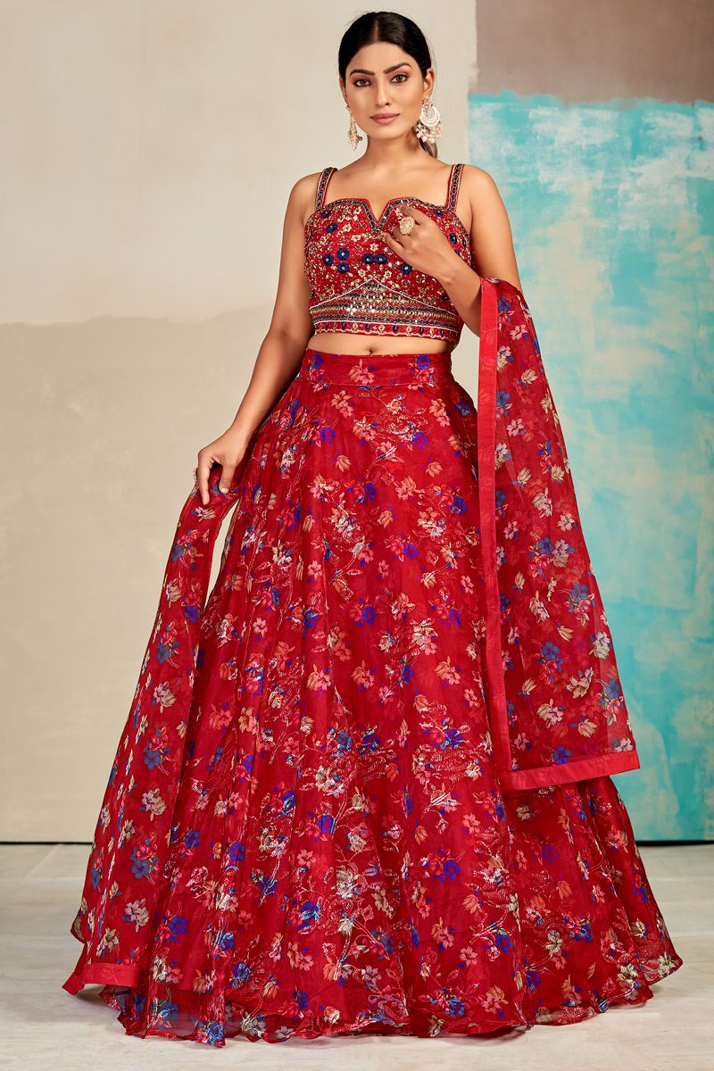 Red Color Organza Digital Printed Readymade Lehenga