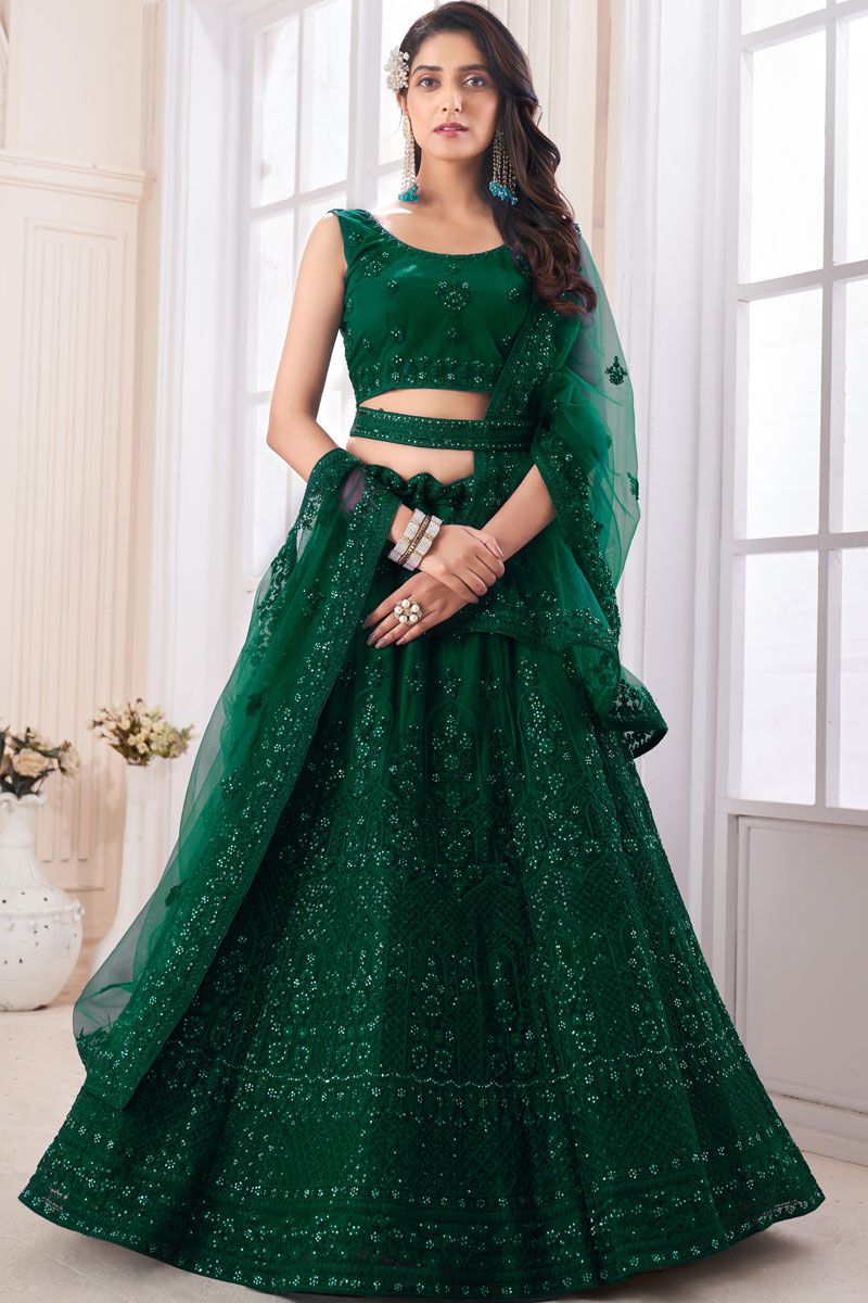 Dark Green Wedding Wear Net Fabric Lehenga Choli