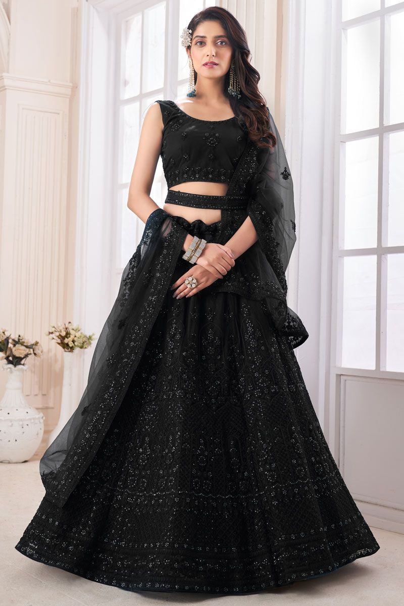 Wedding Wear Net Fabric Black Lehenga Choli