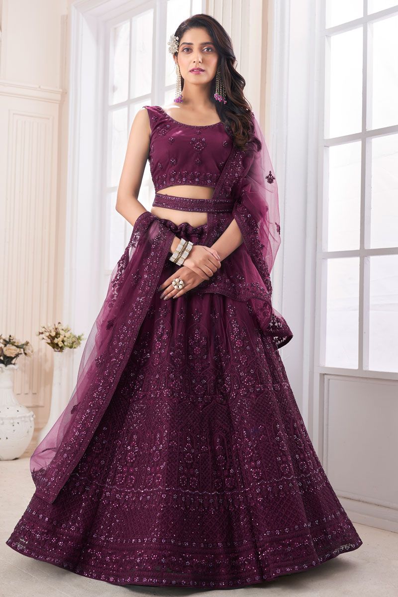 Wine Net Fabric Lehenga Choli In Wedding Wear