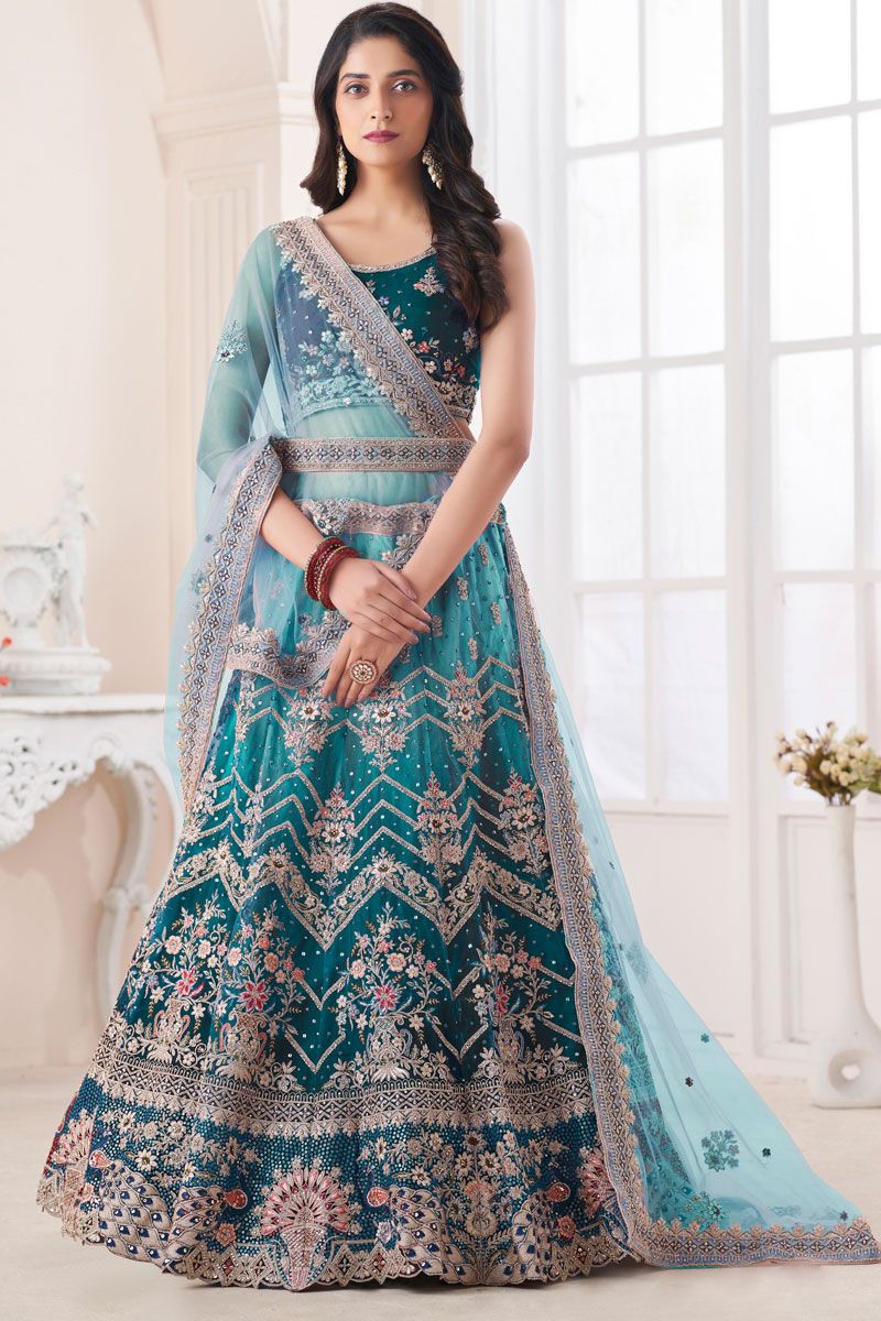 Art Silk Fabric Wedding Wear Lehenga Choli In Teal Color