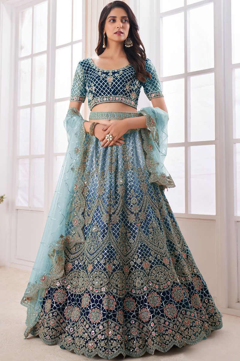 Blue Net Fabric Lehenga Choli In Wedding Wear