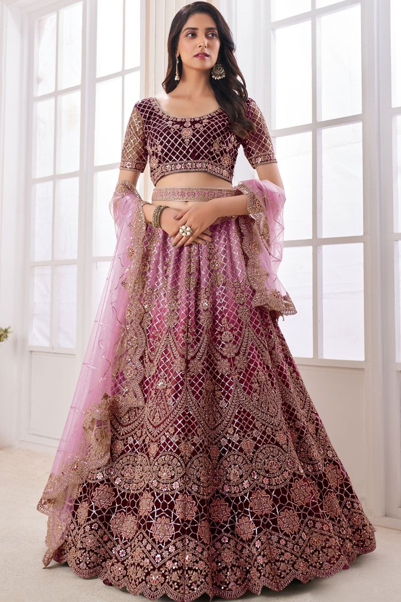 Maroon Wedding Wear Lehenga Choli In Net Fabric