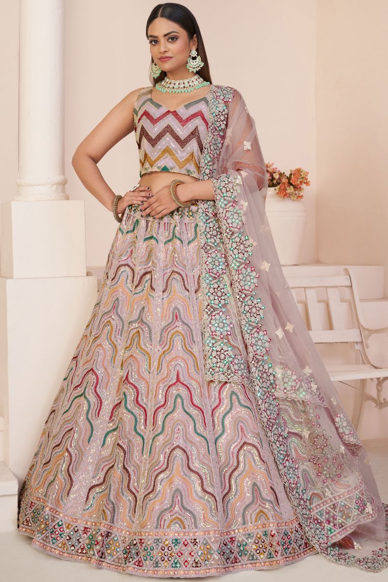 Peach Color Designer Embroidered Lehenga Choli In Net Fabric