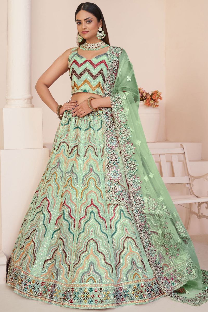 Embroidered Net Fabric Wedding Wear Lehenga Choli In Sea Green Color