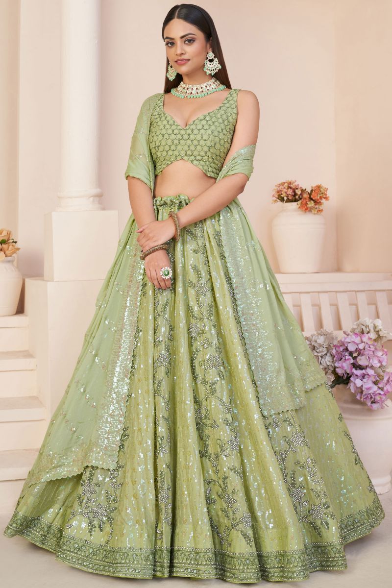 Wedding Wear Green Color Embroidered Lehenga Choli In Georgette Fabric