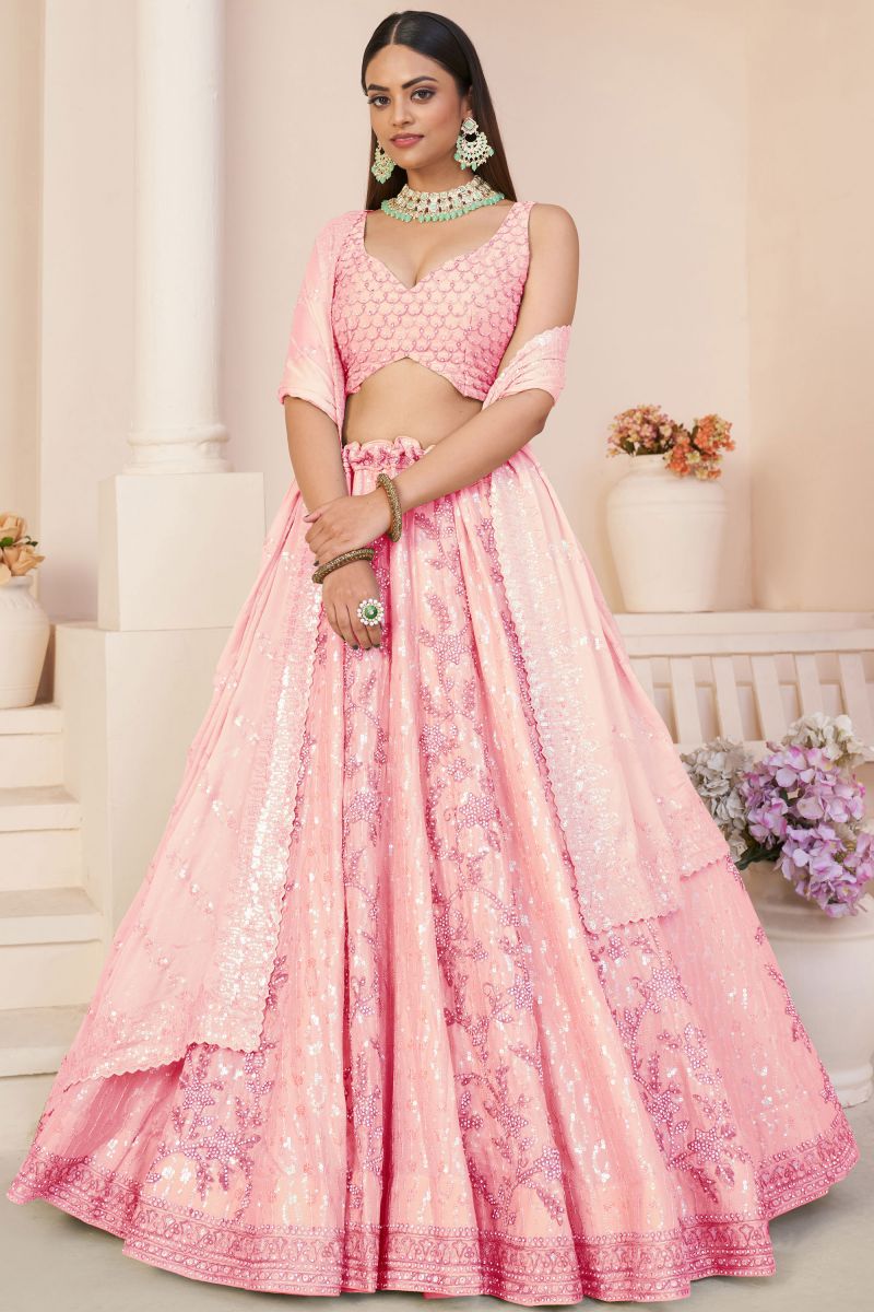 Embroidered Pink Color Georgette Fabric Wedding Wear Lehenga Choli