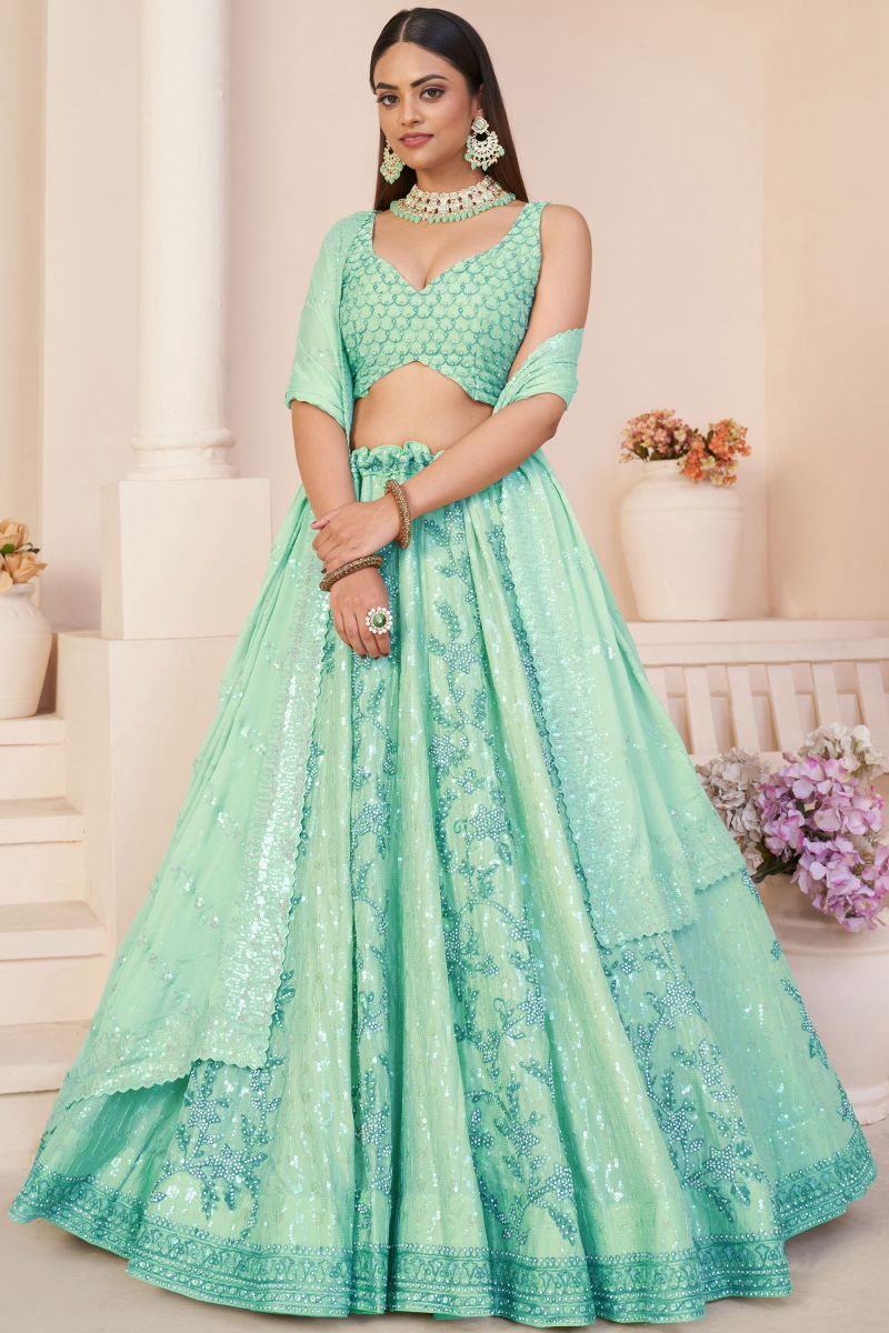 Georgette Fabric Sea Green Color Wedding Wear 3 Piece Embroidered Lehenga Choli