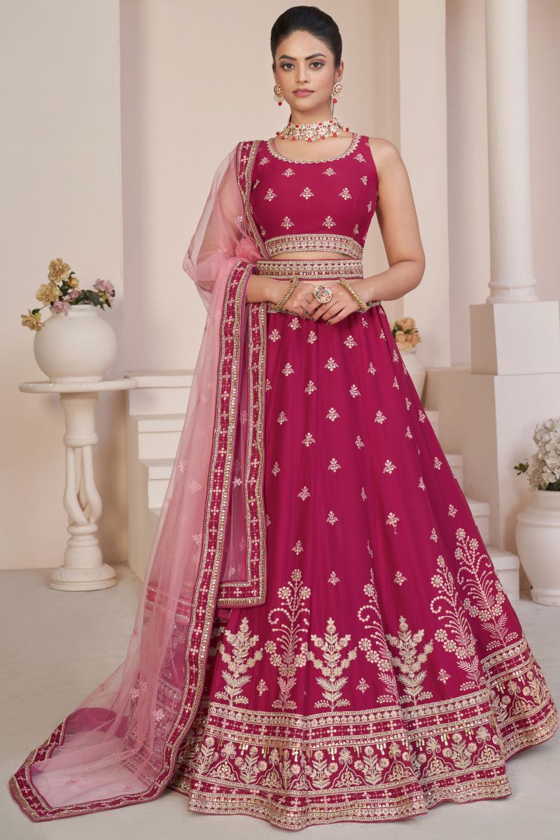 Embroidery Work Georgette Fabric Designer Pink Color Lehenga Choli