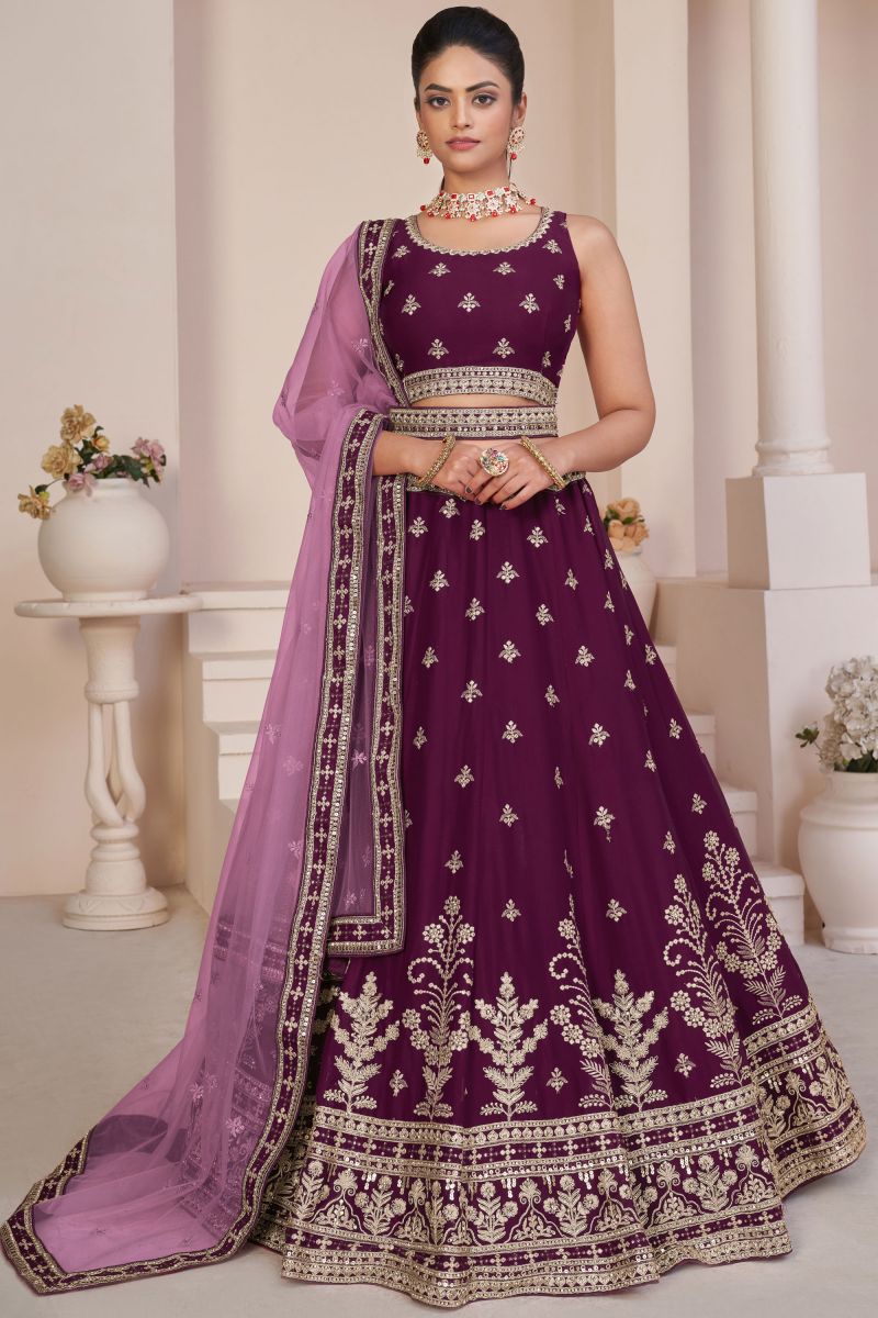 Embroidered Wine Designer 3 Piece Lehenga Choli In Georgette Fabric