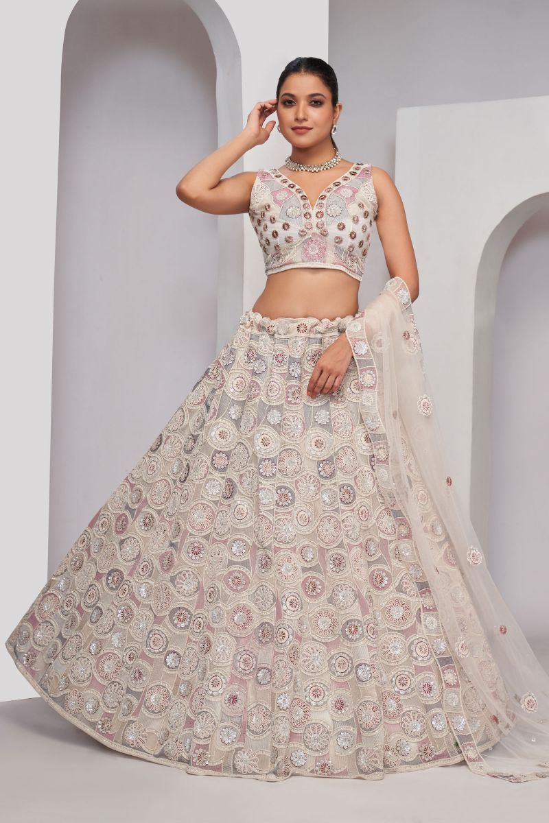 Net Fabric White Color Pleasance Lehenga With Sequins Work