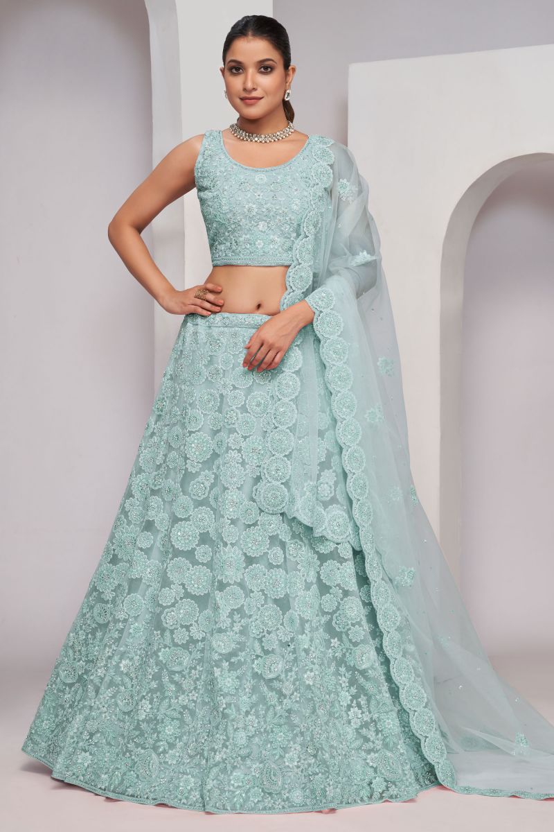 Sequins Work On Net Fabric Bewitching Lehenga In Light Cyan Color