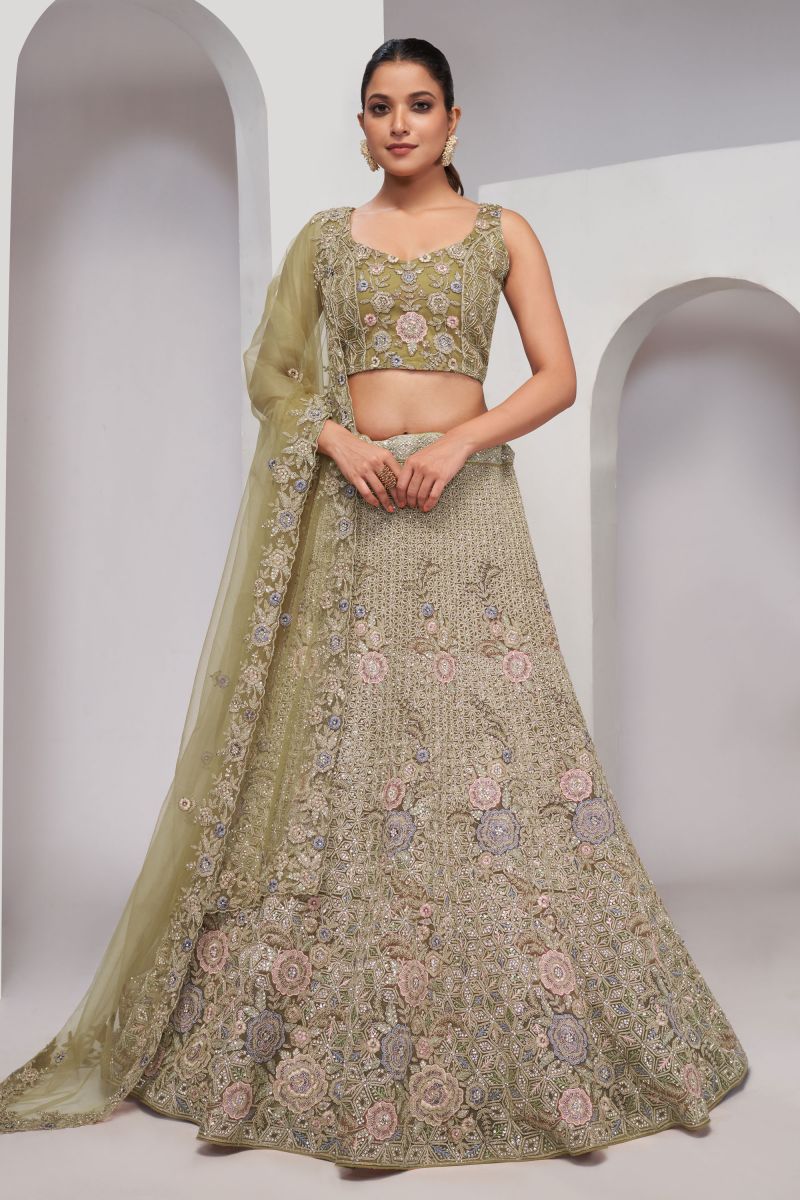 Olive Color Net Fabric Coveted Lehenga With Sequins Work