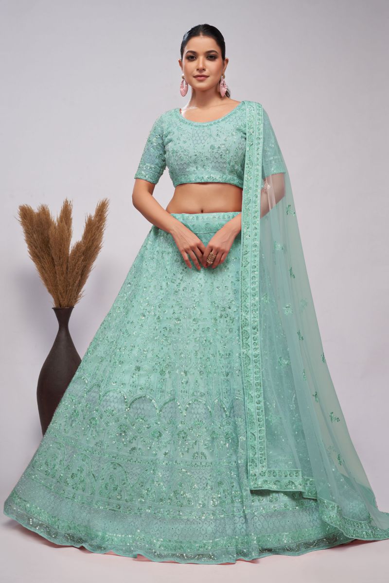 Sequins Work On Sea Green Color Net Fabric Princely Lehenga