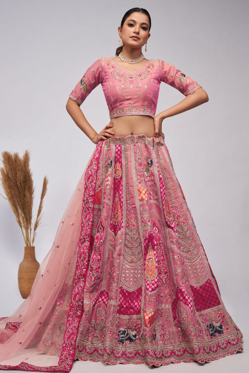 Silk Fabric Pink Color Patterned Lehenga With Sequins Work