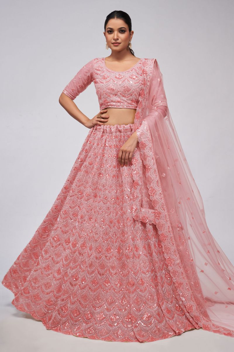 Pink Color Net Fabric Engaging Lehenga With Sequins Work