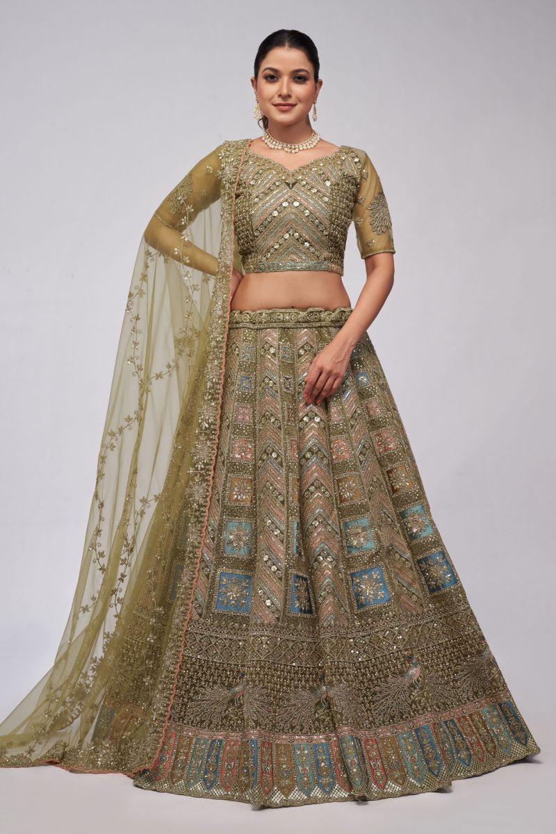 Creative Sequins Work On Olive Color Net Fabric Lehenga