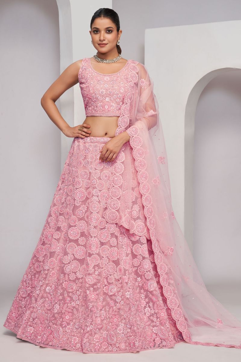 Pink Color Sequins Work On Net Fabric Stunning Lehenga