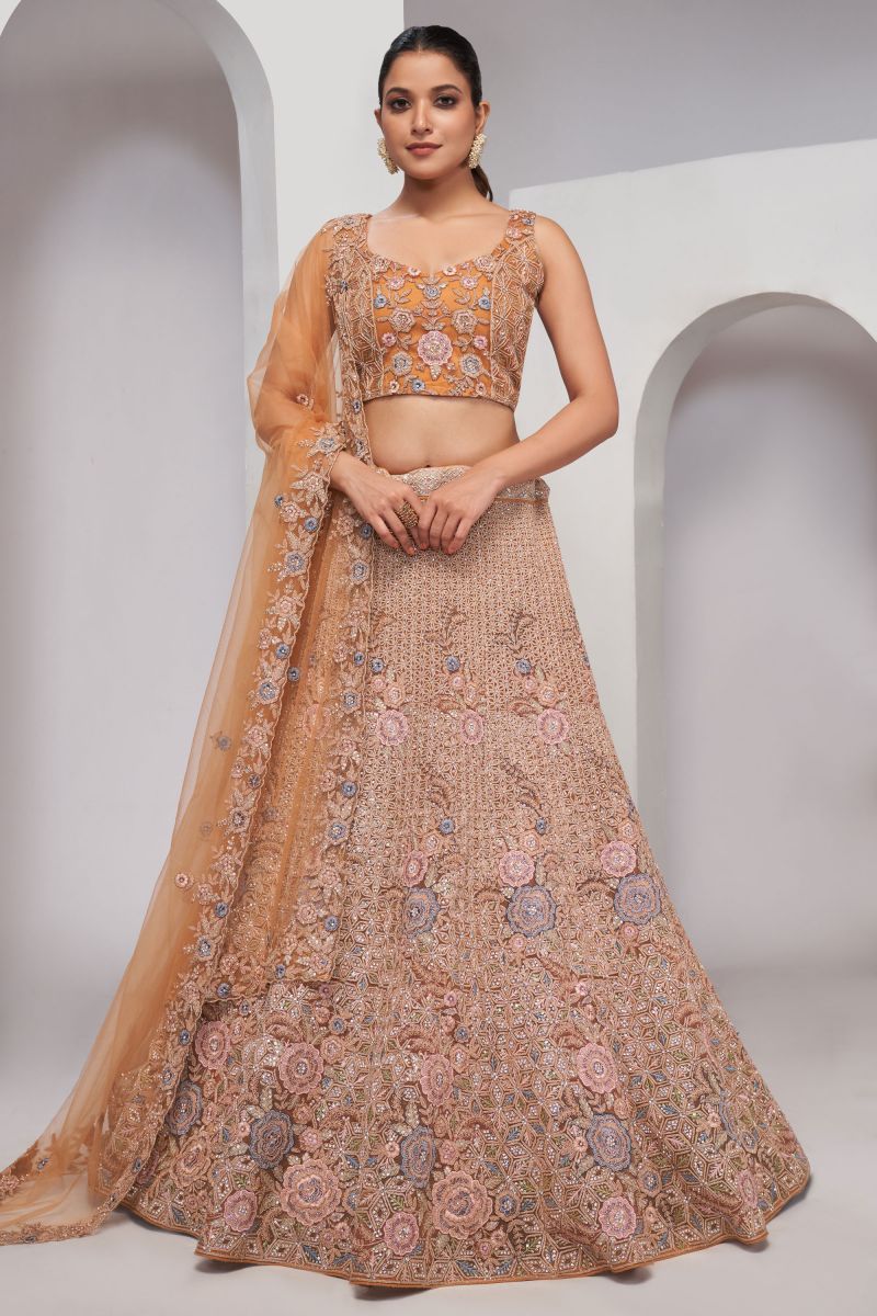 Beguiling Sequins Work On Peach Color Net Fabric Lehenga