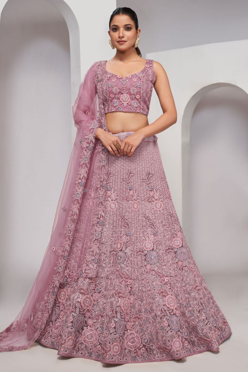 Incredible Sequins Work On Net Fabric Lavender Color Lehenga