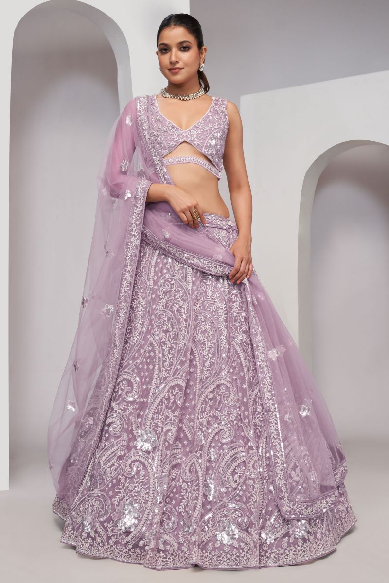 Engaging Lavender Color Net Fabric Lehenga With Sequins Work