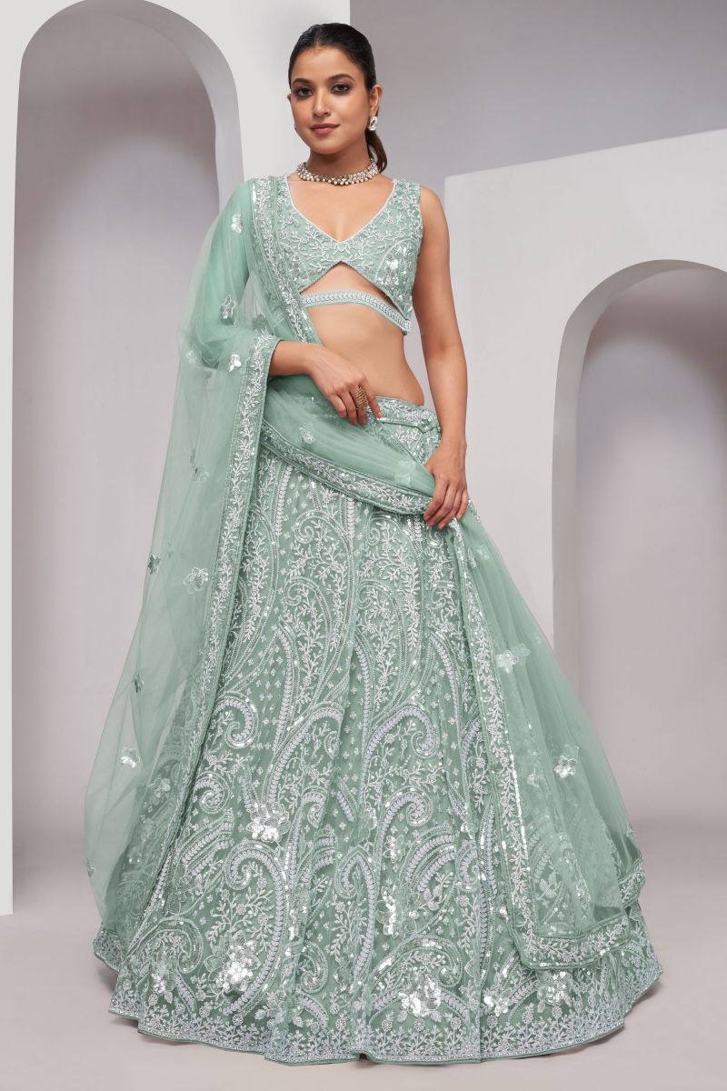 Amazing Sequins Work On Sea Green Color Net Fabric Lehenga