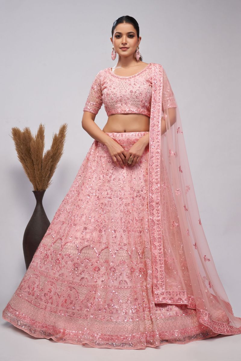 Pink Color Sequins Work On Net Fabric Chic Lehenga