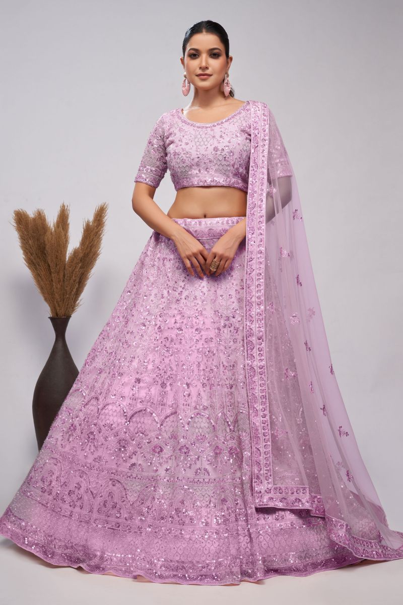 Engaging Sequins Work Lavender Color Net Fabric Designer Lehenga Choli