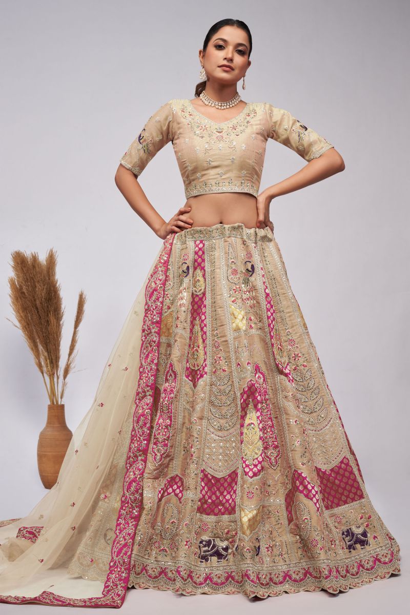 Graceful Silk Fabric Beige Color Lehenga With Sequins Work