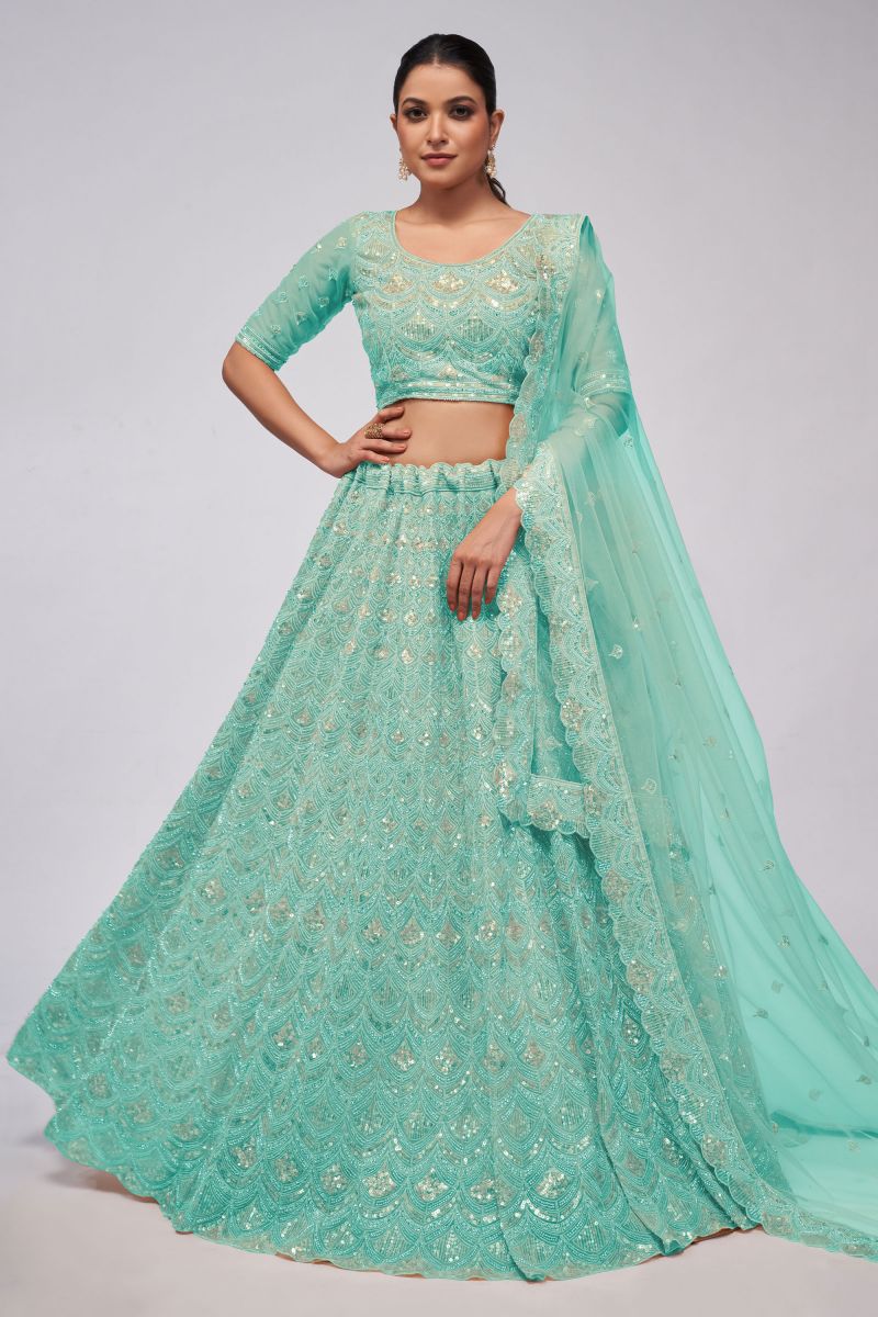 Incredible Sequins Work On Net Fabric Sea Green Color Lehenga