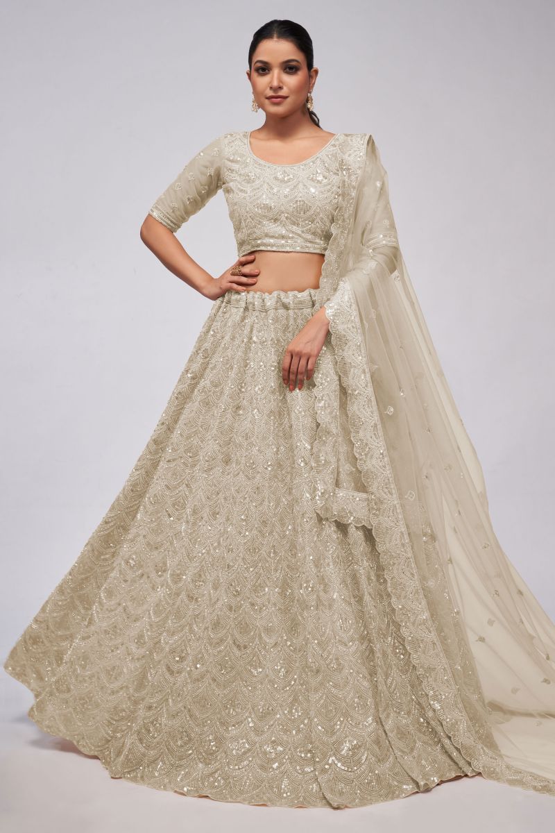 Classic Sequins Work On Off White Color Lehenga In Net Fabric