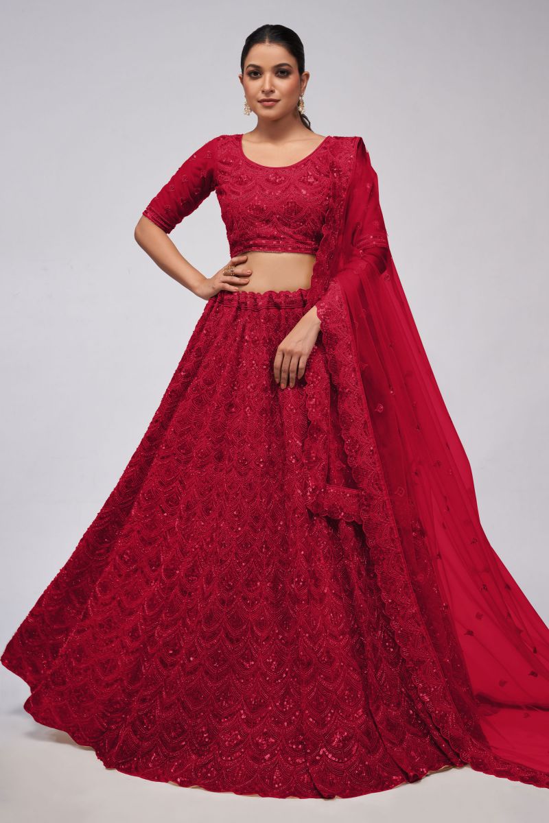 Net Fabric Red Color Lehenga With Winsome Sequins Work