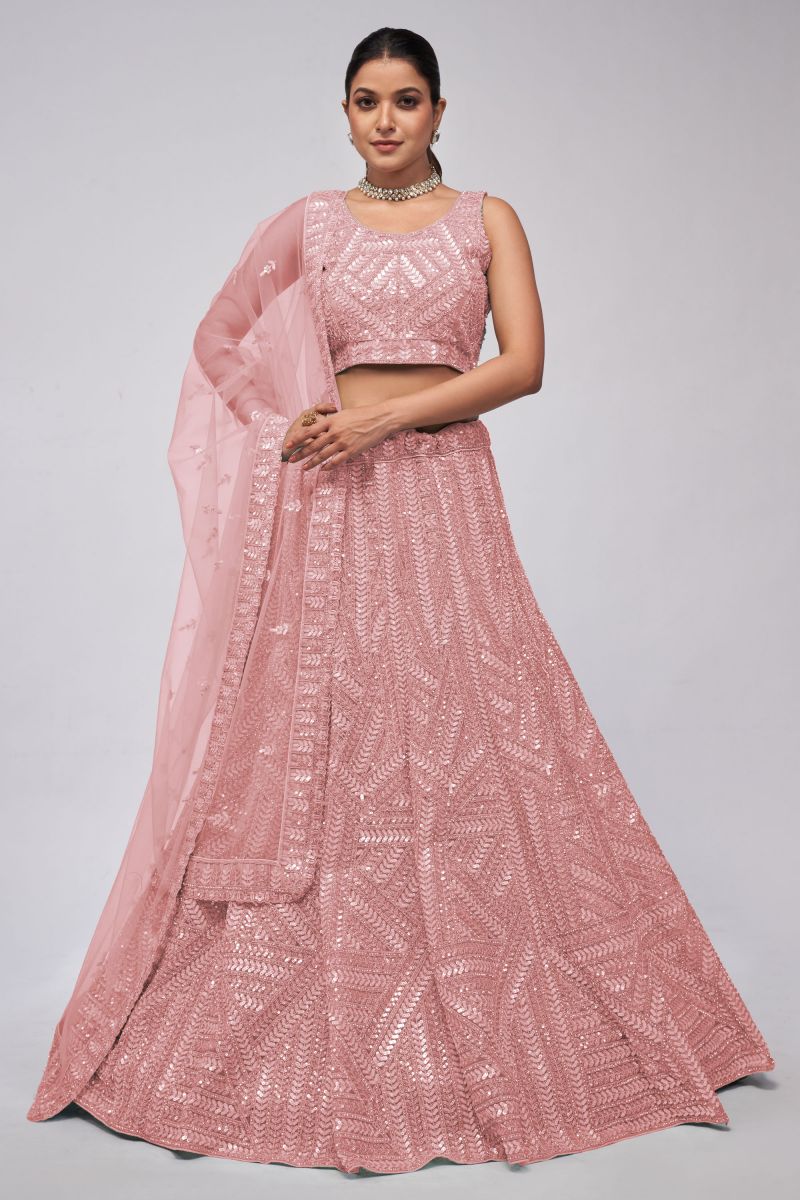 Creative Sequins Work On Lehenga In Pink Color Net Fabric