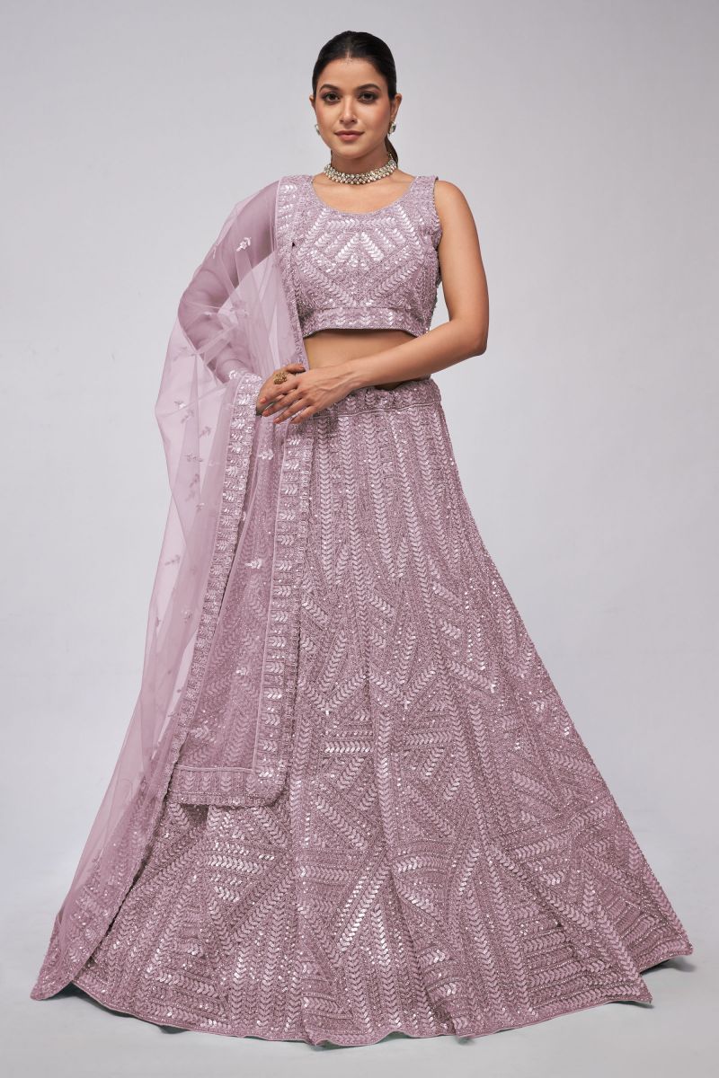 Marvellous Sequins Work On Net Fabric Lehenga In Lavender Color