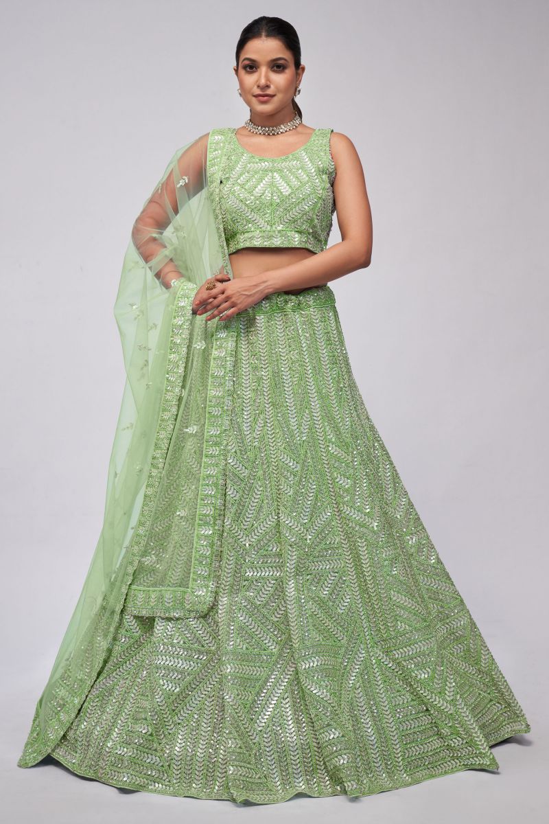 Amazing Sea Green Color Net Fabric Lehenga With Sequins Work